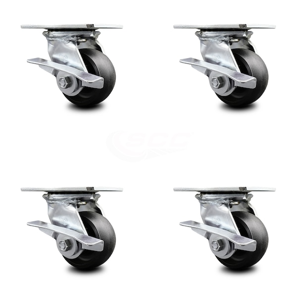 4 Inch Heavy Duty Glass Filled Nylon Caster Set with Ball Bearings and Brakes